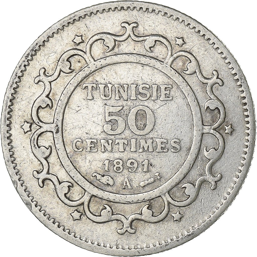Tunisia, Ali Bey, 50 Centimes, 1891, Paris, Silver, EF(40-45), KM:223