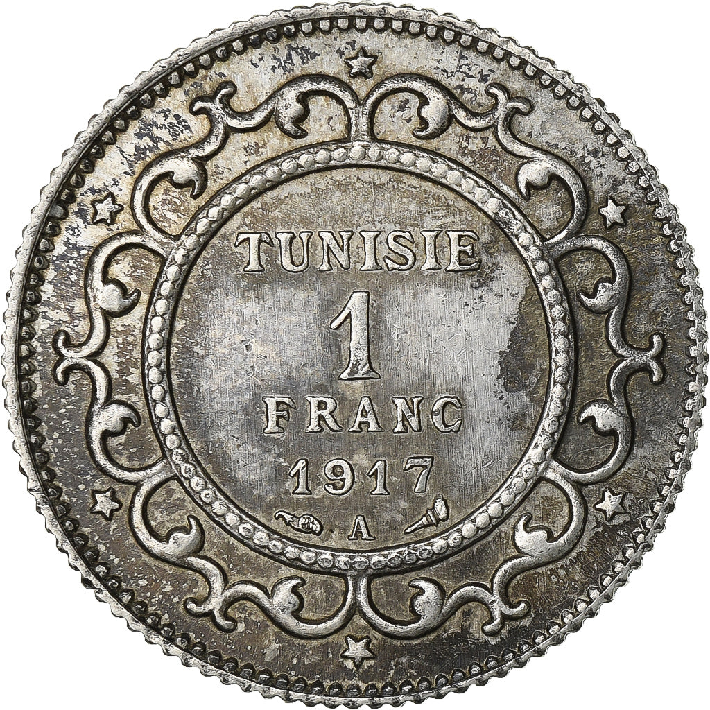 Tunisia, Muhammad al-Nasir Bey, Franc, 1917, Paris, Silver, AU(50-53), KM:238