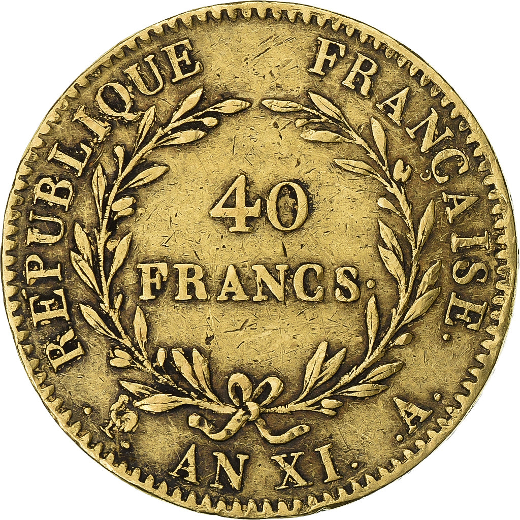 France, 40 Francs, Napoléon I, An XI, Paris, Without olive, Gold, EF(40-45)