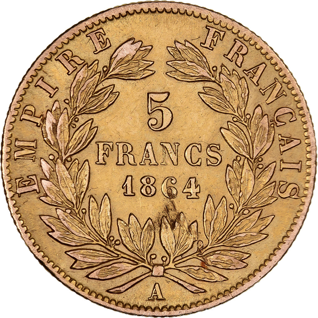 Francia, Napoleon III, 5 Francs, Napoléon III, 1864, Paris, Oro, MBC, KM:803.1