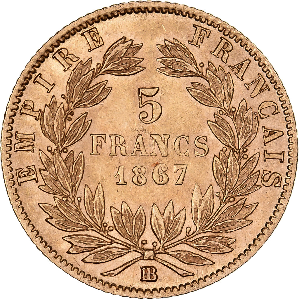 Francia, Napoleon III, 5 Francs, Napoléon III, 1867, Strasbourg, Oro, MBC+