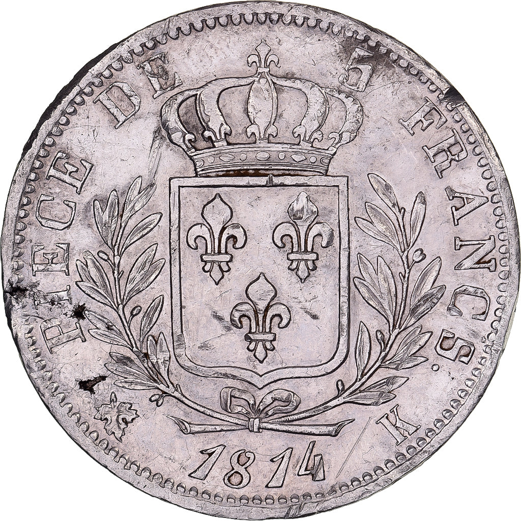 Francja, Louis XVIII, 5 Francs, Louis XVIII, 1814, Bordeaux, Srebro, EF(40-45)