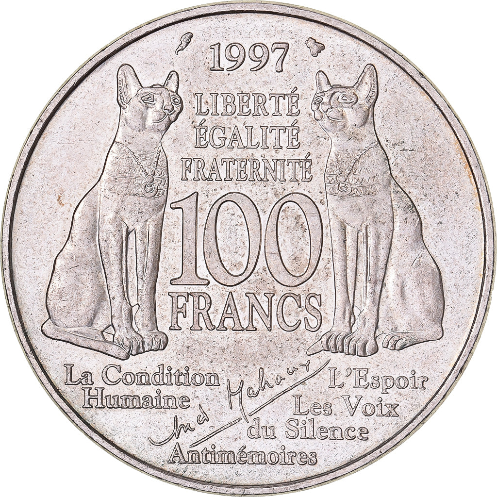 Francja, 100 Francs, André Malraux, 1997, Srebro, AU(50-53), KM:1188