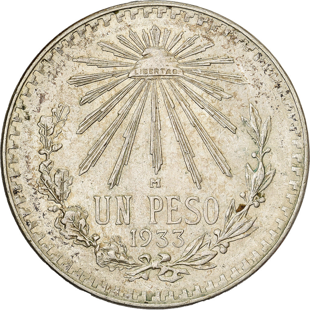 Mexico, Peso, 1933, Mexico City, Silver, AU(55-58), KM:455