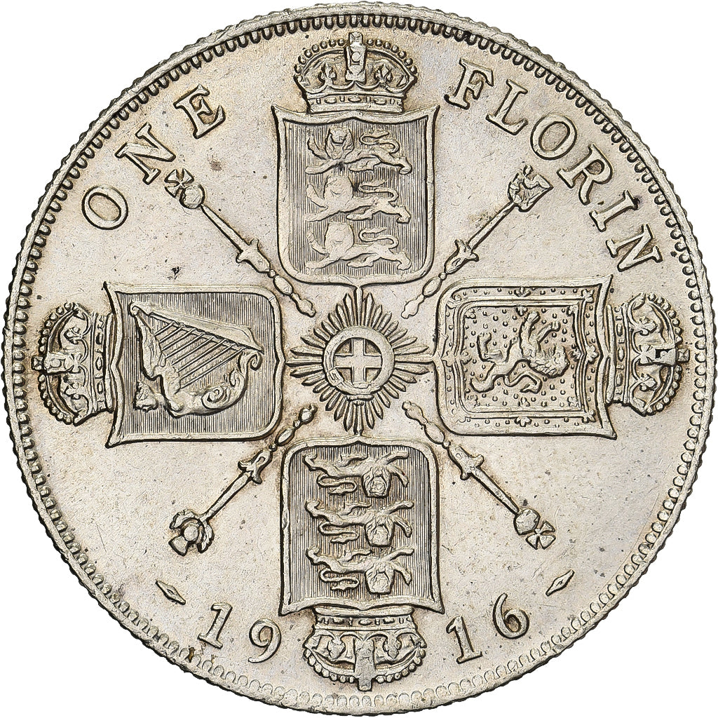 Grande-Bretagne, George V, Florin, Two Shillings, 1916, Londres, Argent, TTB