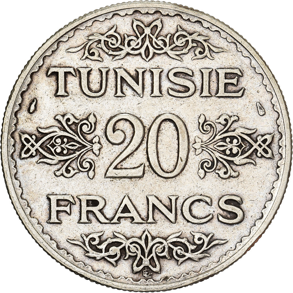 Tunisia, Ahmad Pasha Bey, 20 Francs, AH 1353/1934, Paris, Srebro, EF(40-45)