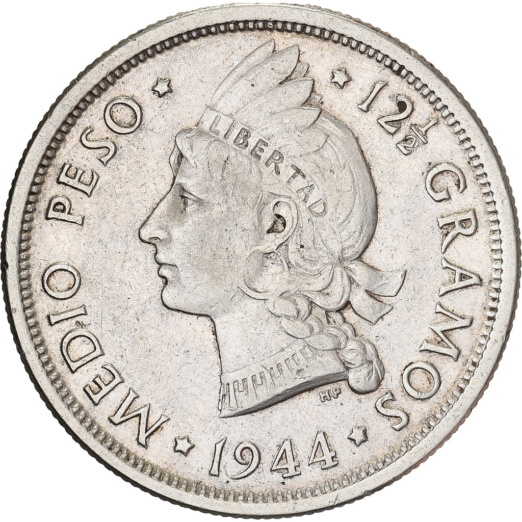 Dominican Republic, 1/2 Peso, 1944, Dominican Republic Mint, Silver, VF(30-35)