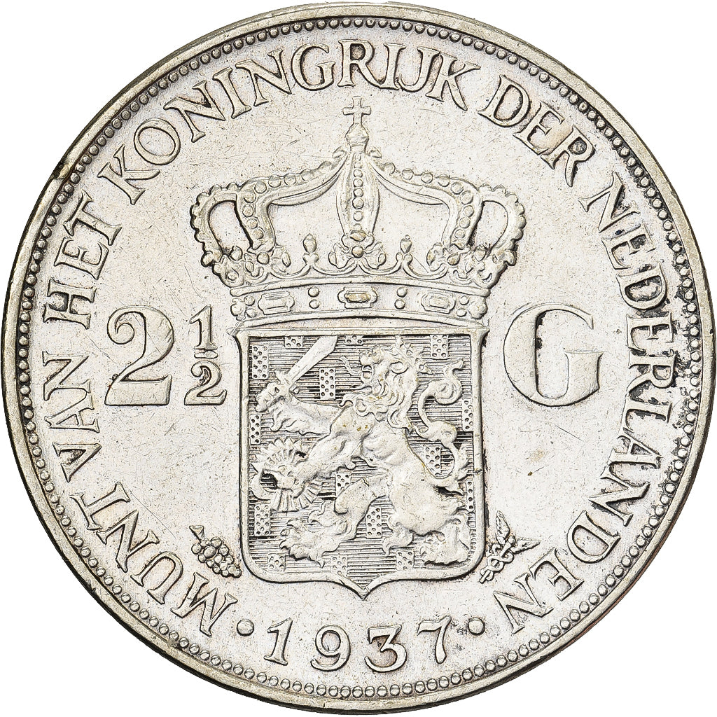Países Bajos, Wilhelmina I, 2-1/2 Gulden, 1937, Utrecht, Plata, MBC, KM:165
