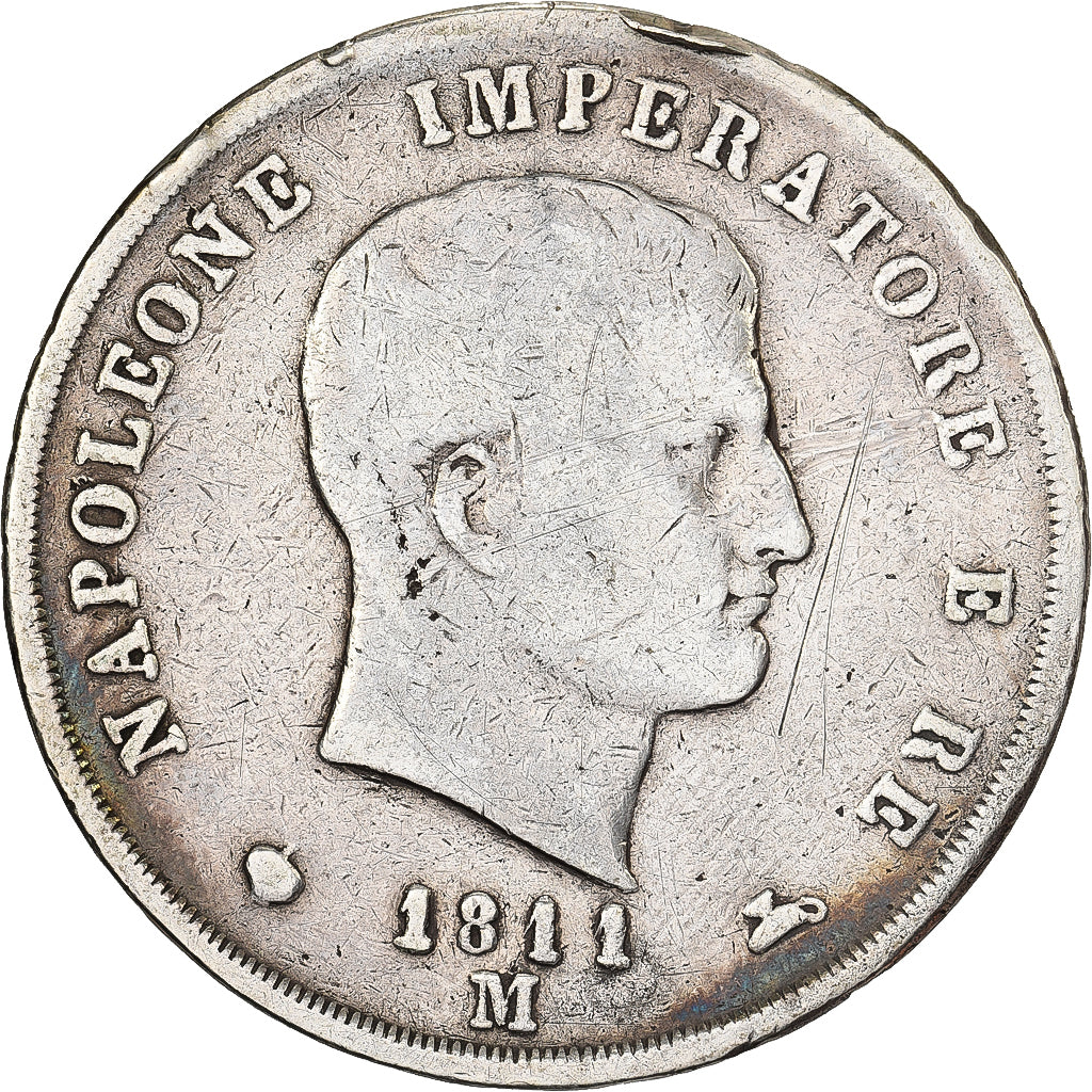 Italia, KINGDOM OF NAPOLEON, Napoleon I, 5 Lire, 1811, Milan, Plata, BC+