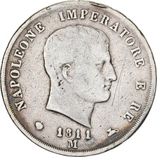 Italia, KINGDOM OF NAPOLEON, Napoleon I, 5 Lire, 1811, Milan, Plata, BC+
