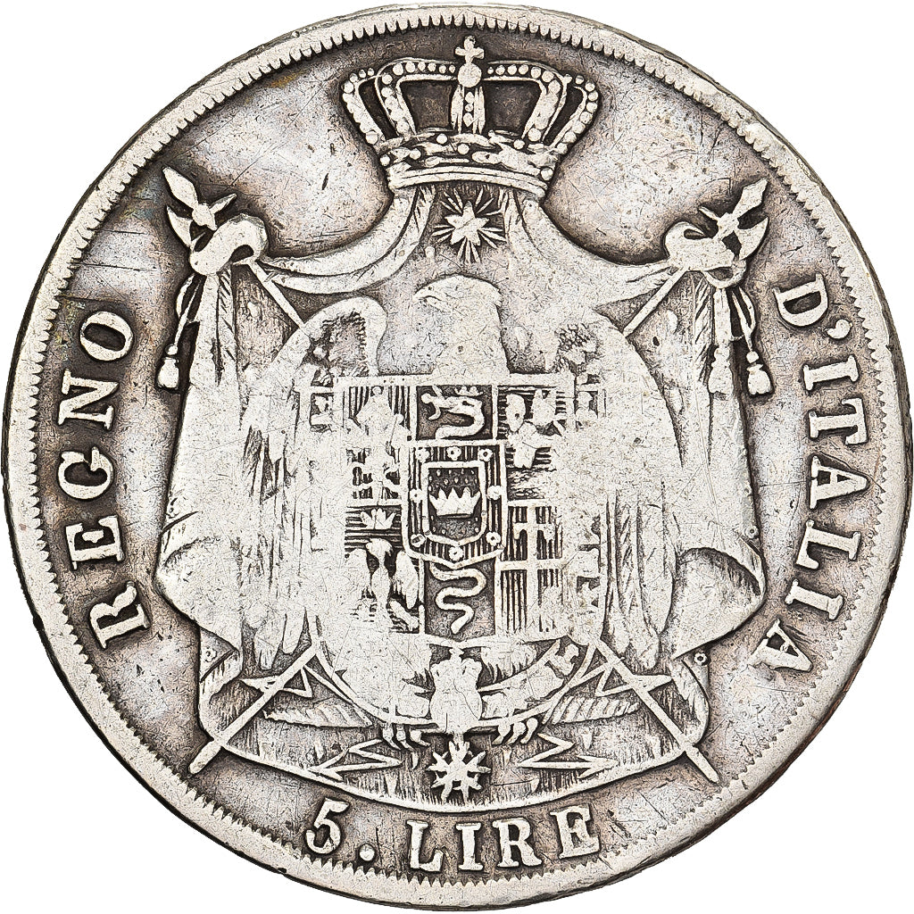Italia, KINGDOM OF NAPOLEON, Napoleon I, 5 Lire, 1811, Milan, Plata, BC+