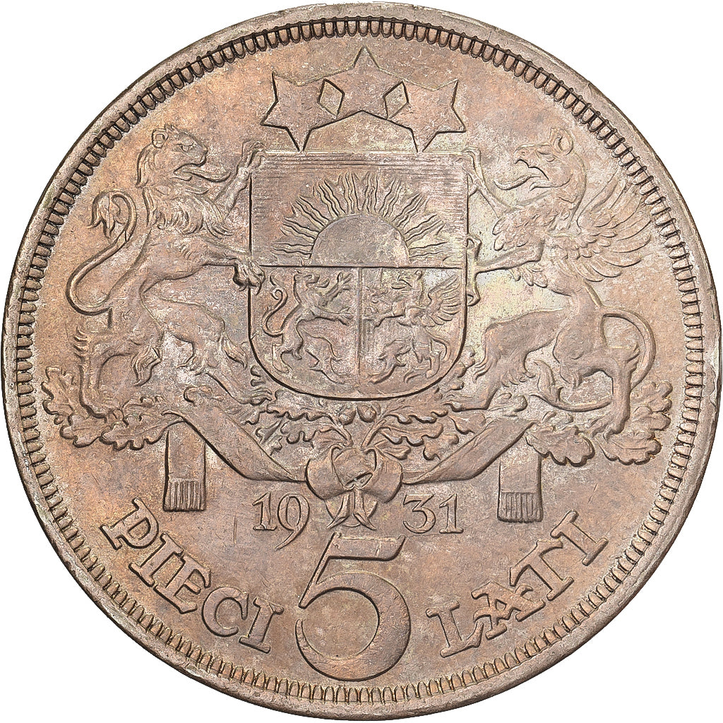 Łotwa, 5 Lati, 1931, Srebro, MS(60-62), KM:9