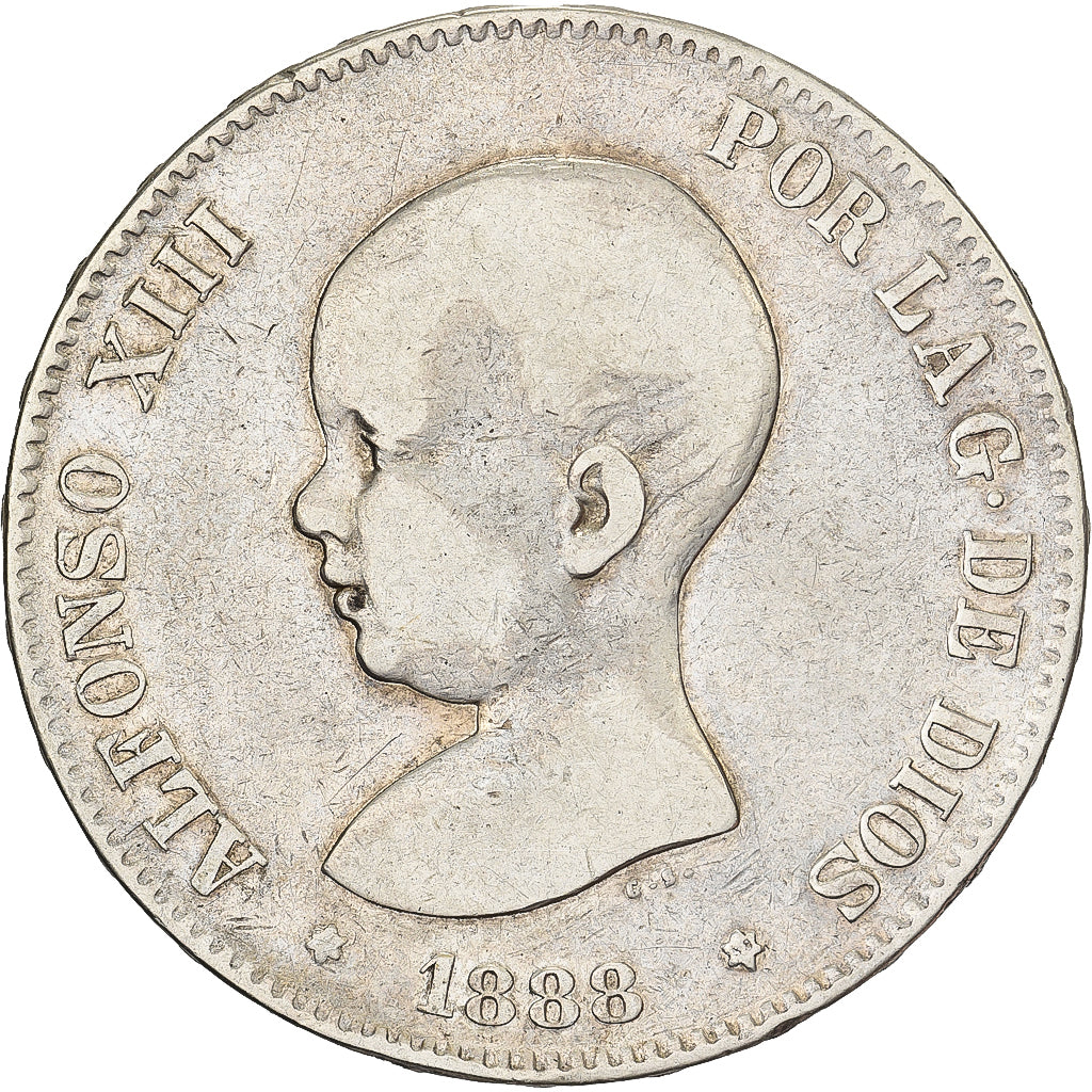 Hiszpania, Alfonso XIII, 5 Pesetas, 1888, Madrid, Srebro, VF(30-35), KM:689