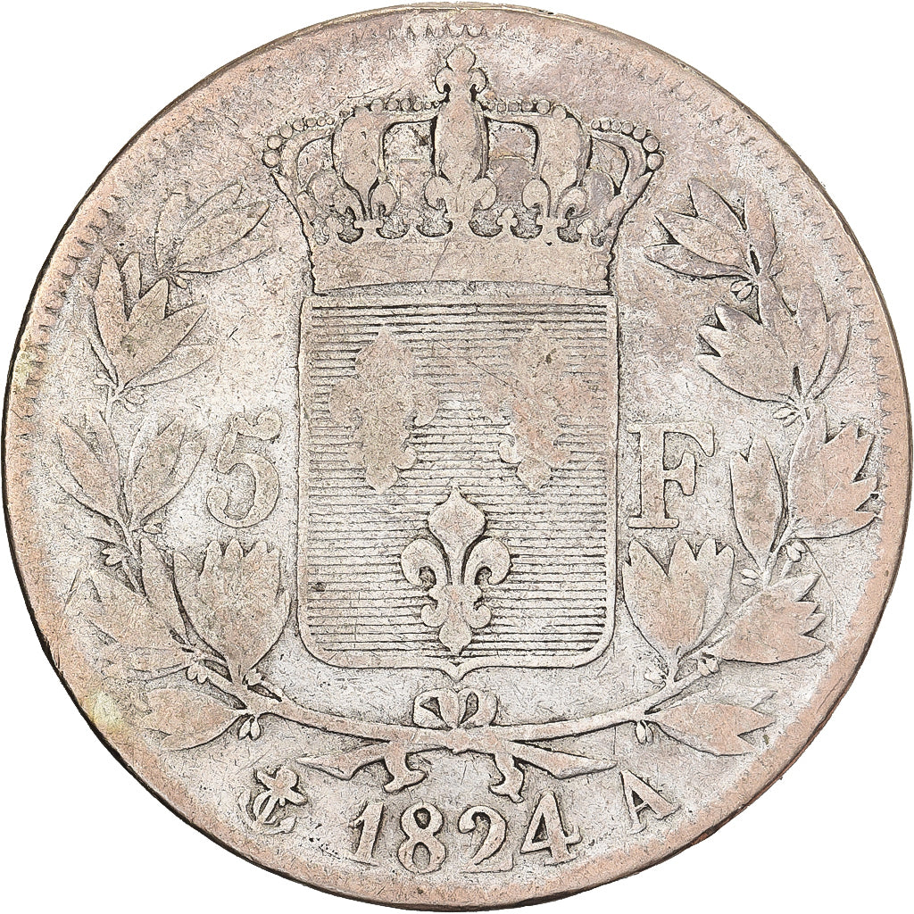 Francja, Louis XVIII, 5 Francs, Louis XVIII, 1824, Paris, Srebro, VF(20-25)
