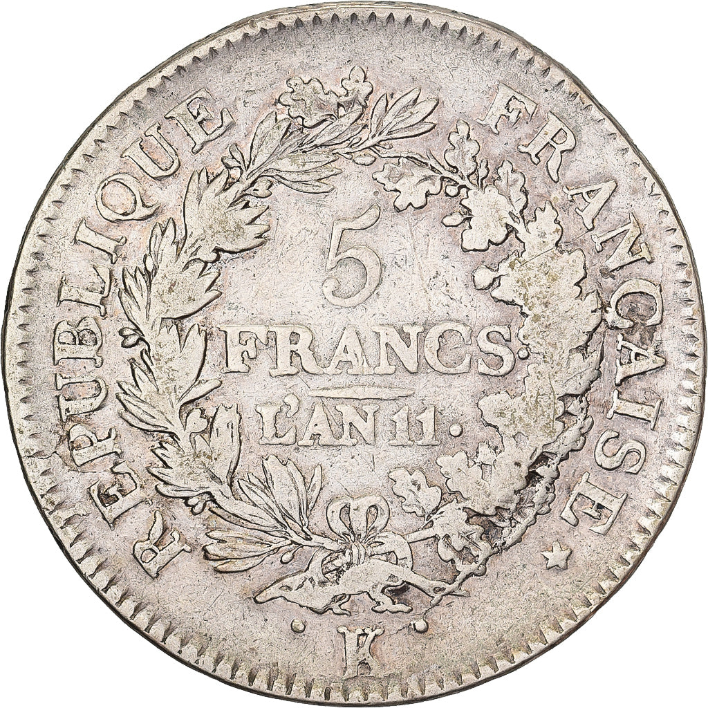 Frankreich, 5 Francs, Union et Force, AN 11, Bordeaux, Silber, S+, KM:639.5
