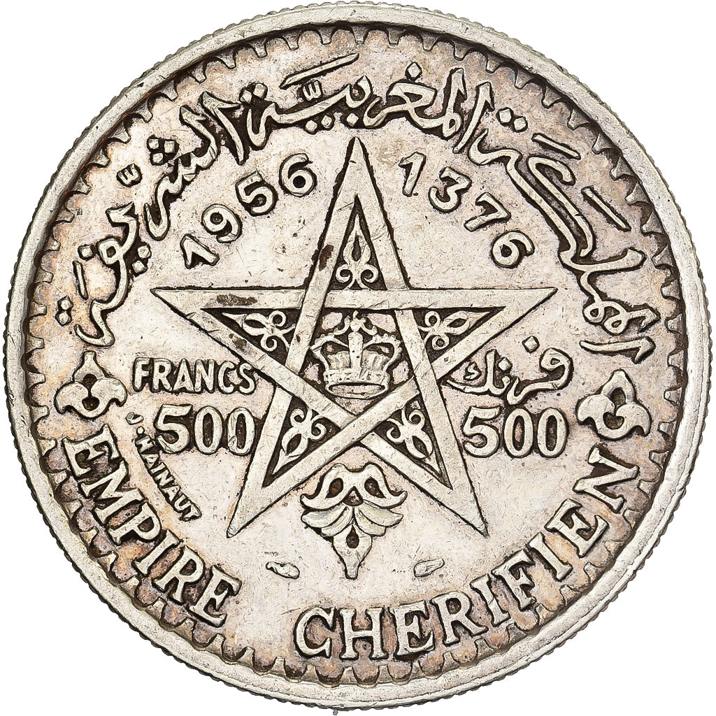 Morocco, Mohammed V, 500 Francs, 1956/AH1376, Paris, Silver, EF(40-45), KM:54