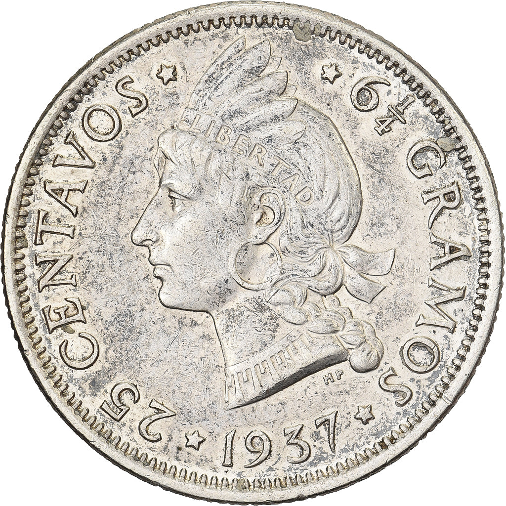 Dominican Republic, 25 Centavos, 1937, Silver, EF(40-45), KM:20