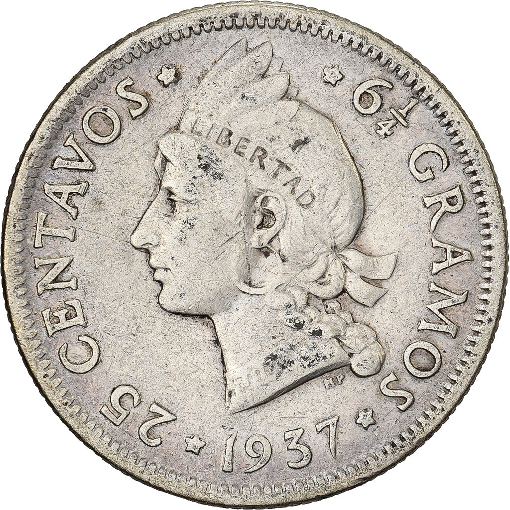 Repubblica domenicana, 25 Centavos, 1937, Argento, MB+, KM:20