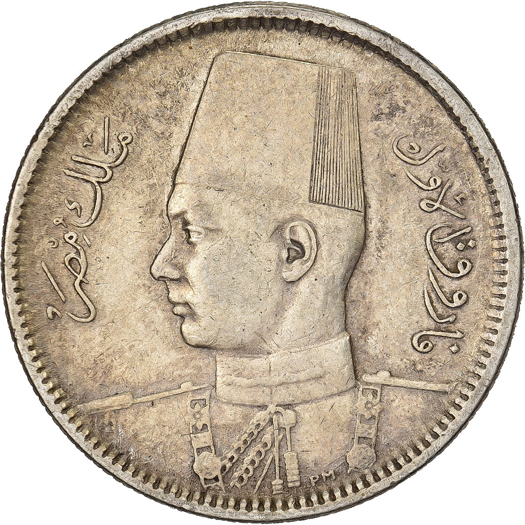 Egitto, Farouk, 2 Piastres, 1937, British Royal Mint, Argento, BB, KM:365