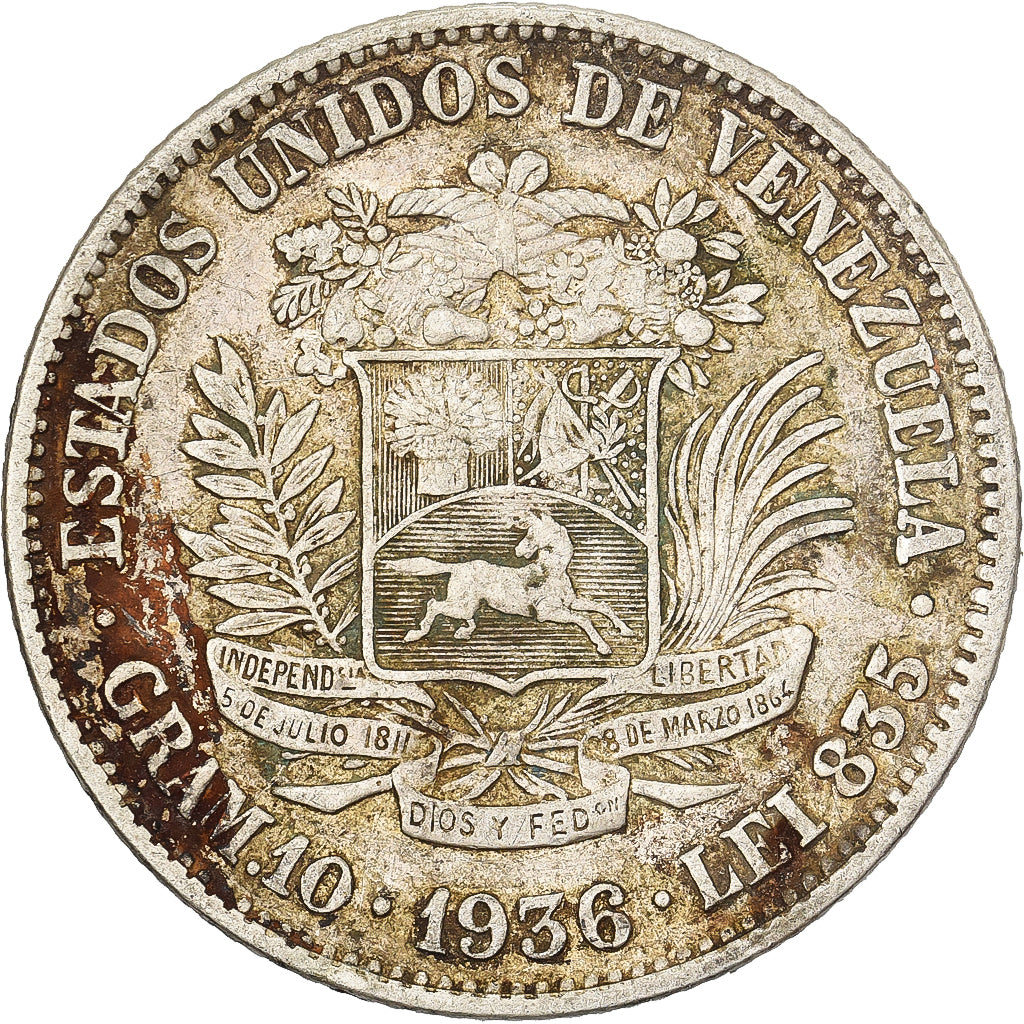 Venezuela, Gram 10, 2 Bolivares, 1936, Silver, EF(40-45), KM:23