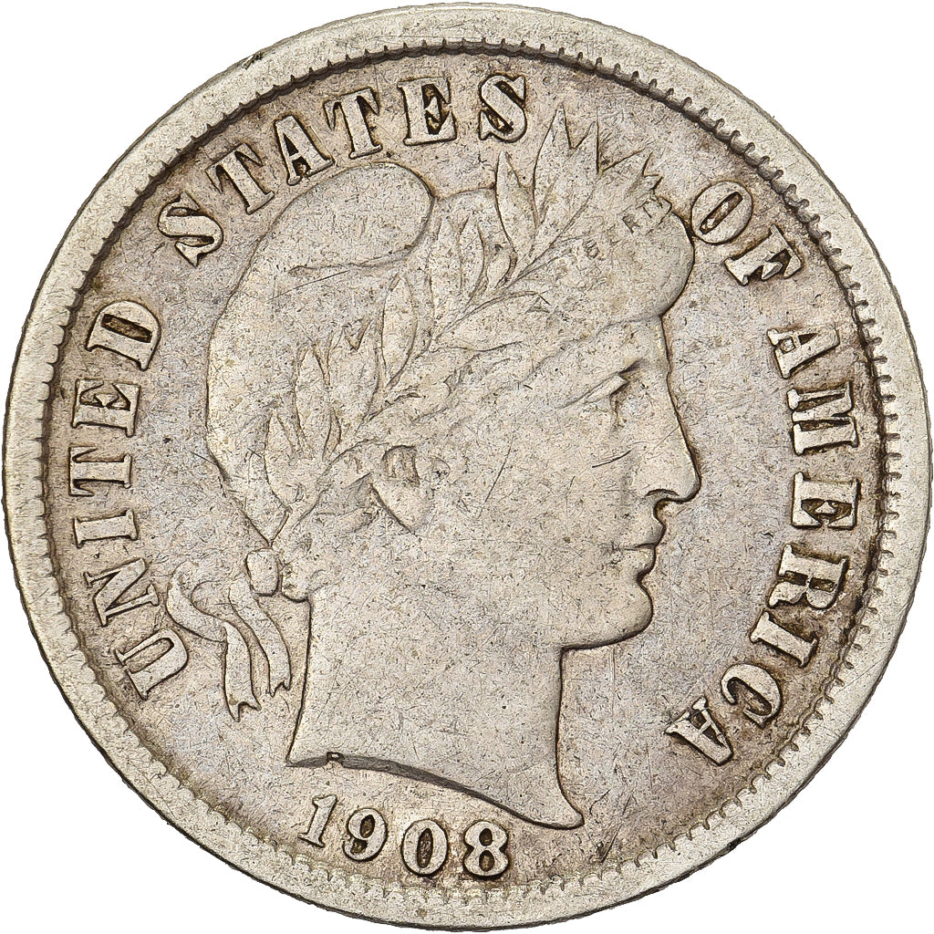 États-Unis, Dime, Barber Dime, 1908, Philadelphie, Argent, TB+, KM:113
