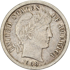 United States, Dime, Barber Dime, 1908, Philadelphia, Silver, VF(30-35), KM:113