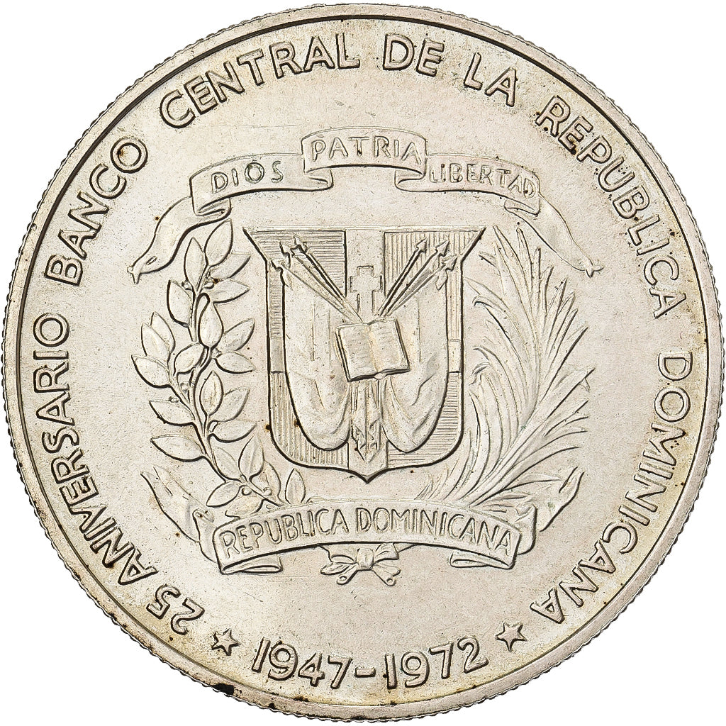 República Dominicana, Peso, 1972, Prata, AU(55-58), KM:34