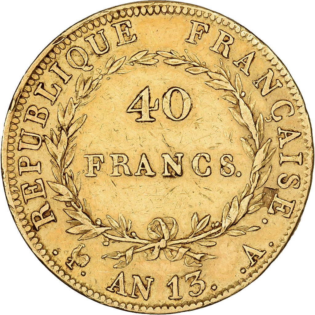 Francja, 40 Francs, Napoléon I, AN 13, Paris, Złoto, EF(40-45), KM:664.1