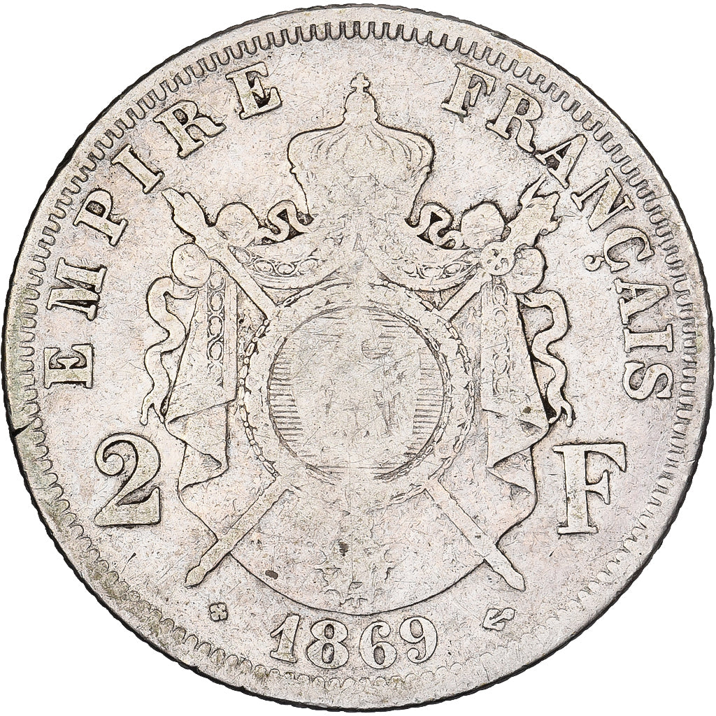 Francia, Napoleon III, 2 Francs, 1869, Strasbourg, Contremarque SEDAN, Plata