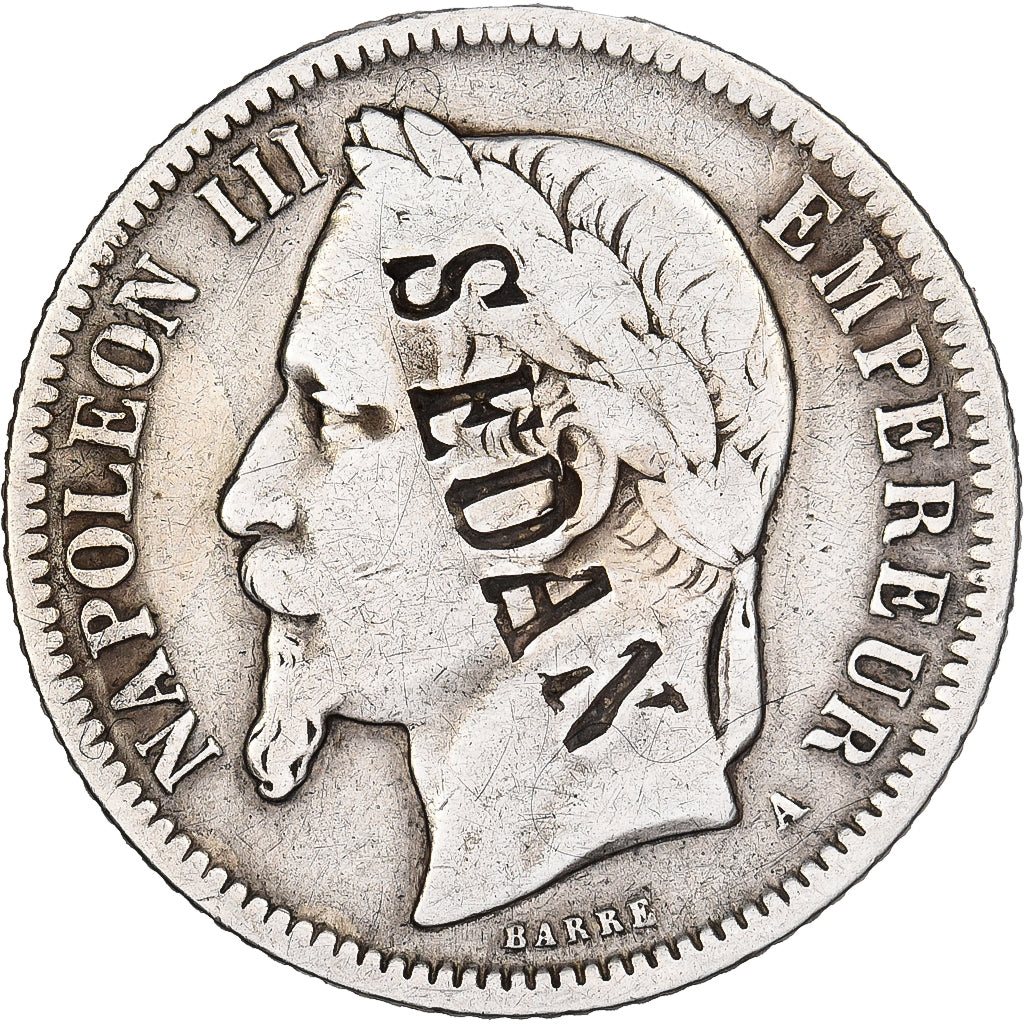 França, Napoleon III, Franc, 1866, Paris, Contremarque SEDAN, Prata, VF(30-35)