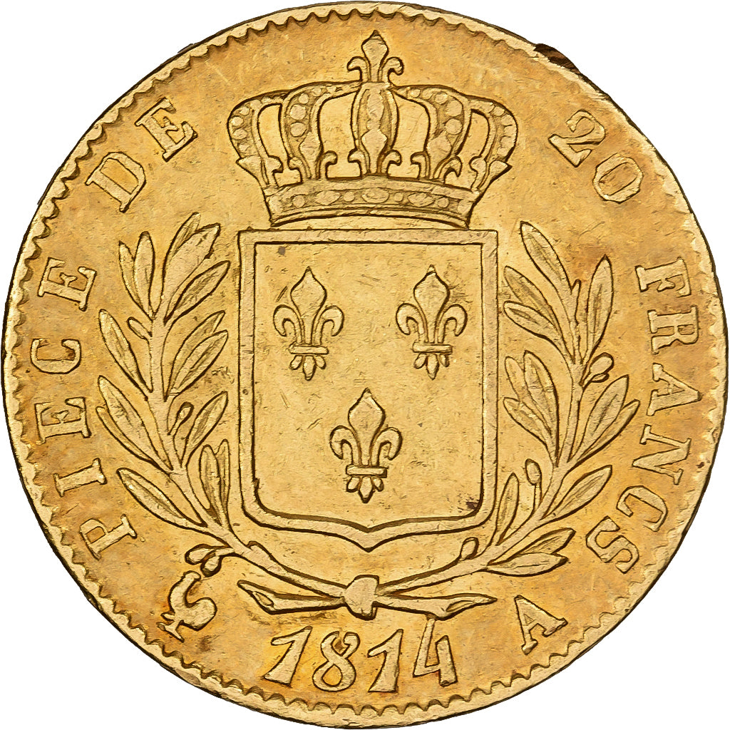 Francia, Louis XVIII, 20 Francs, Louis XVIII, 1814, Paris, Oro, BB+, KM:706.1