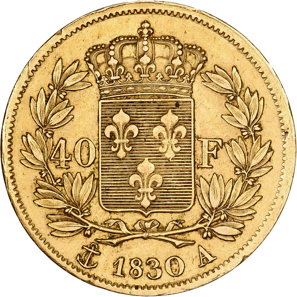 Francja, 40 Francs, Charles X, 1830, Paris, Złoto, AU(50-53), KM:721.1