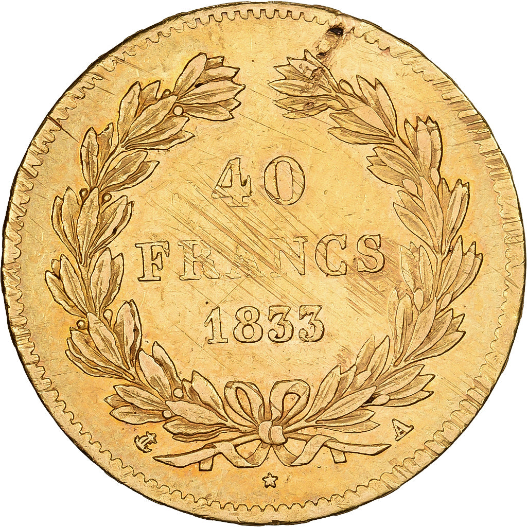Francja, 40 Francs, Louis-Philippe, 1833, Paris, Złoto, AU(50-53), KM:747.1