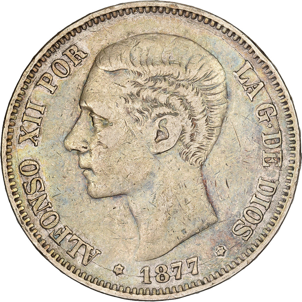 Spain, Alfonso XII, 5 Pesetas, 1877, Madrid, Silver, VF(30-35), KM:676