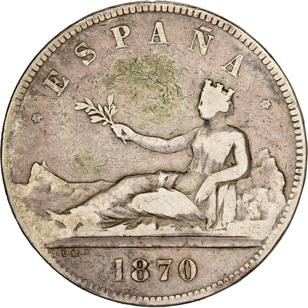 Spain, Provisional Government, 5 Pesetas, 1870, Madrid, Silver, VF(20-25)