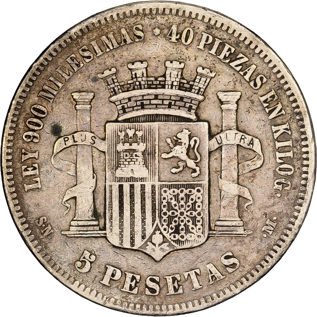 Spain, Provisional Government, 5 Pesetas, 1870, Madrid, Silver, VF(20-25)