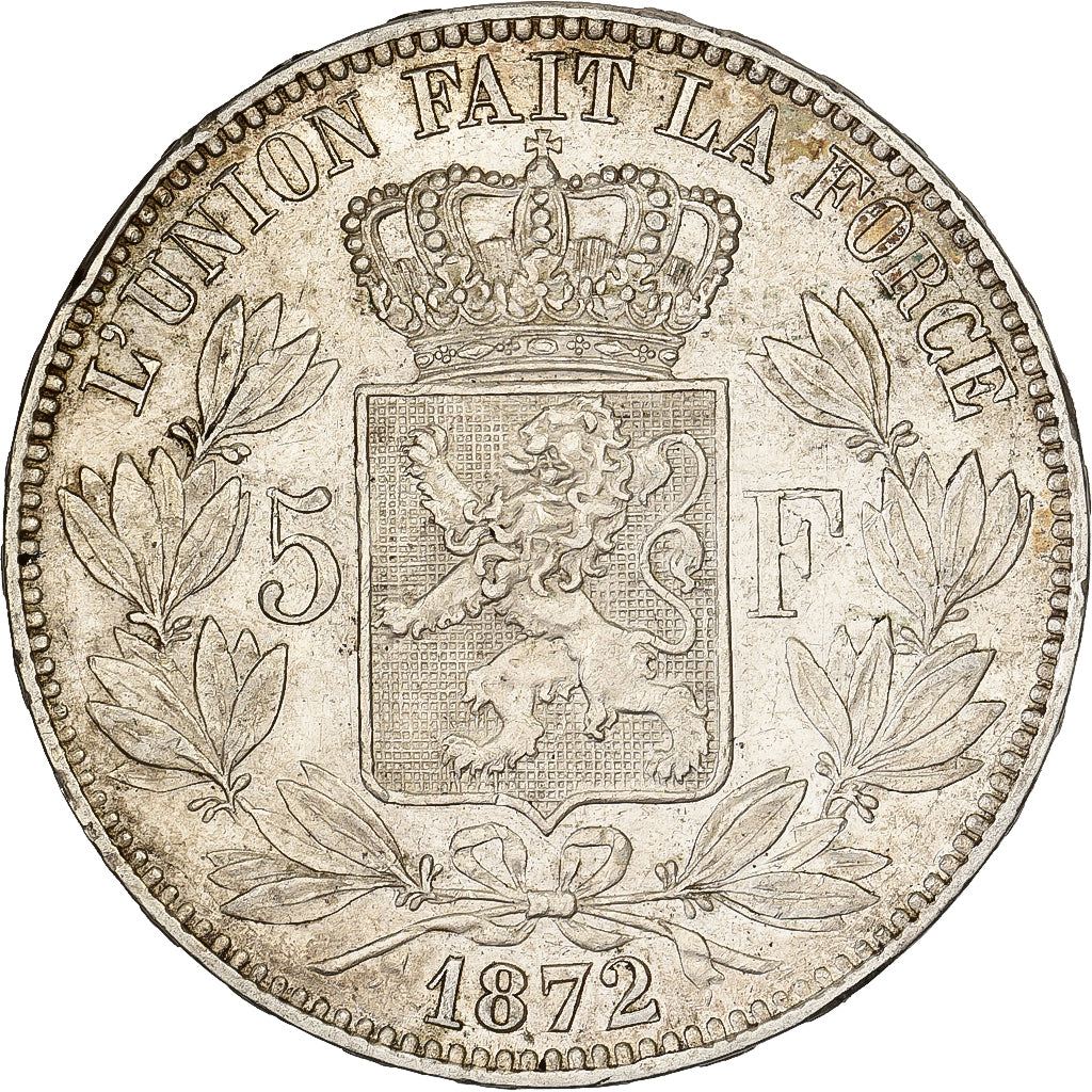 Belgia, Leopold II, 5 Francs, 5 Frank, 1872, Brussels, Srebro, AU(50-53), KM:24