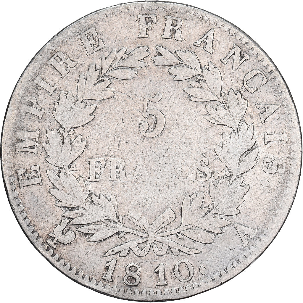 Francia, 5 Francs, Napoléon I, 1810, Paris, Argento, MB+, KM:694.1