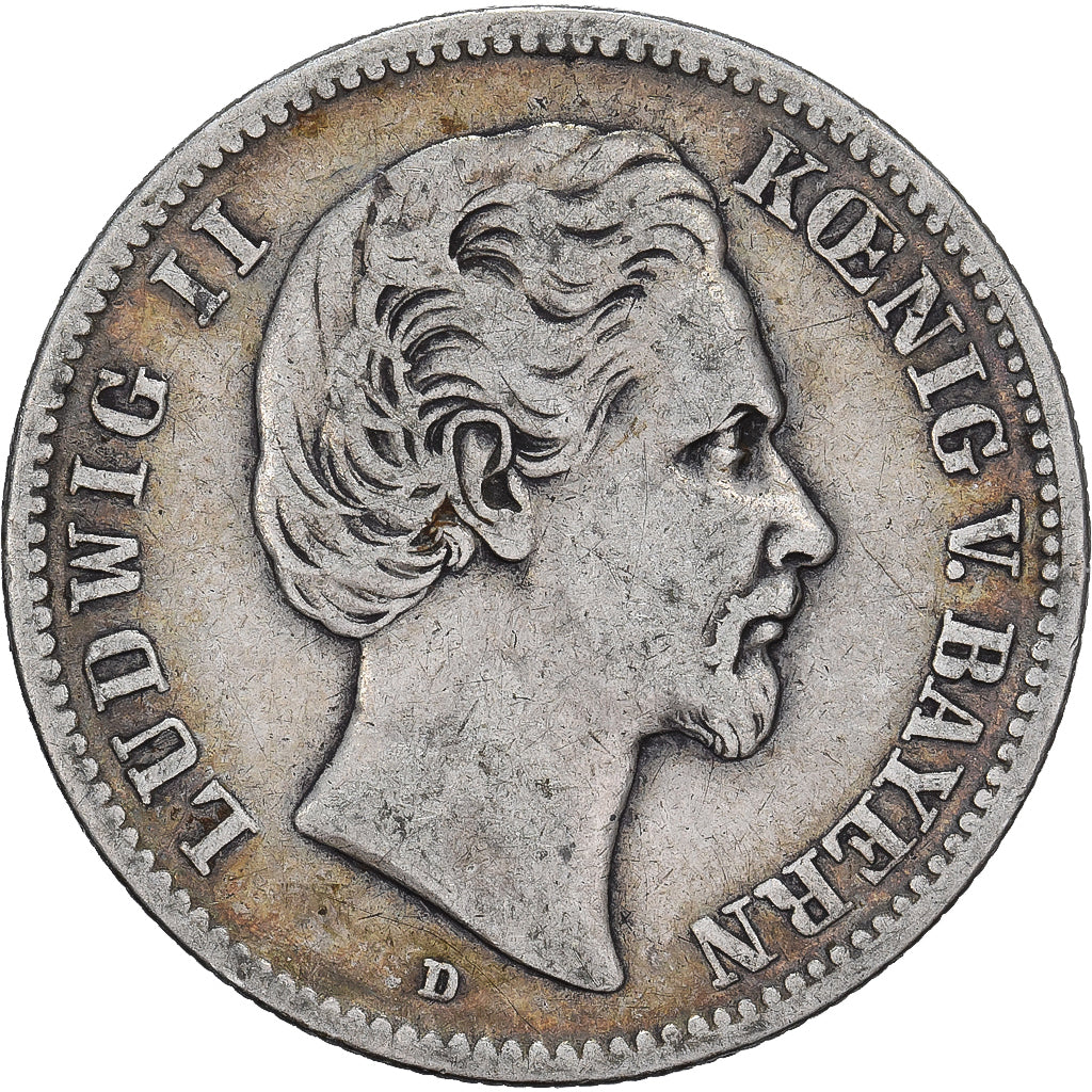 GERMANIA - IMPERO, BAVARIA, Ludwig II, 2 Mark, 1876, Munich, Argento, MB, KM:903