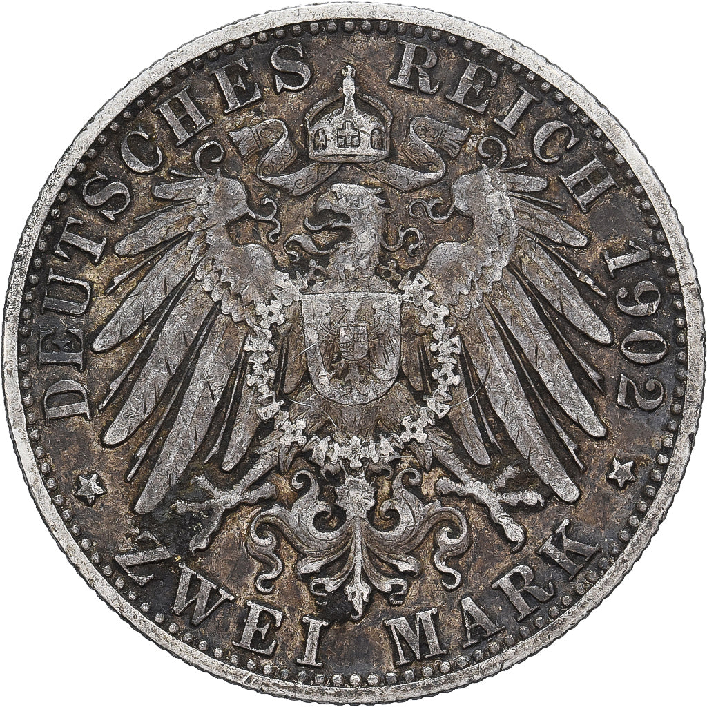 WURTTEMBERG, Wilhelm II, 2 Mark, 1902, Freudenstadt, Silver, EF(40-45), KM:631