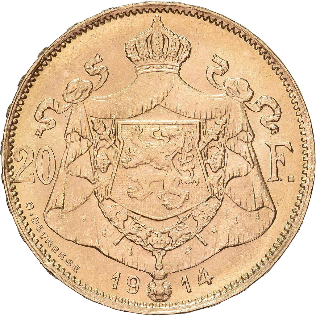 Belgia, 20 Francs, 20 Frank, 1914, Brussels, Złoto, AU(55-58), KM:78
