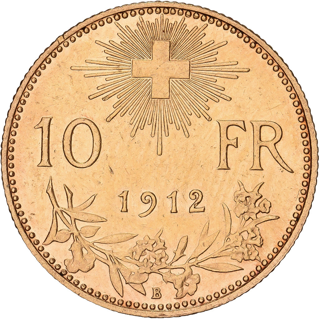 Suíça, 10 Francs, 1912, Bern, Dourado, AU(55-58), KM:36