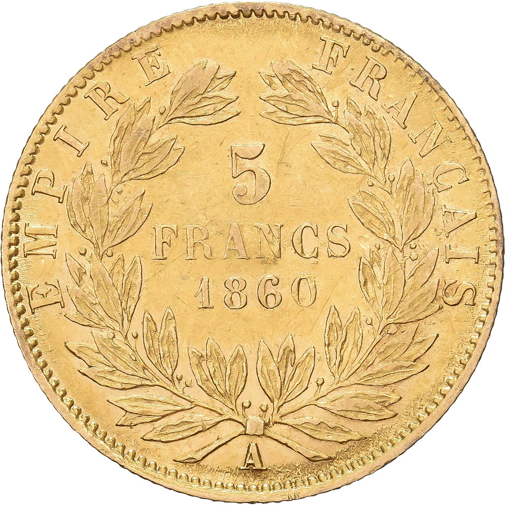 Francia, Napoleon III, 5 Francs, Napoléon III, 1860, Paris, Oro, BB+, KM:787.1