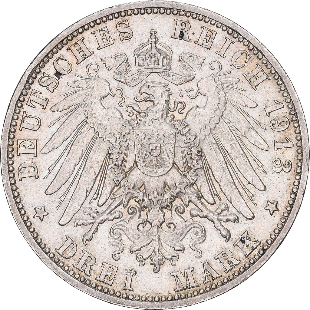NIEMCY - IMPERIUM, BAVARIA, Otto, 3 Mark, 1913, Munich, Srebro, EF(40-45)
