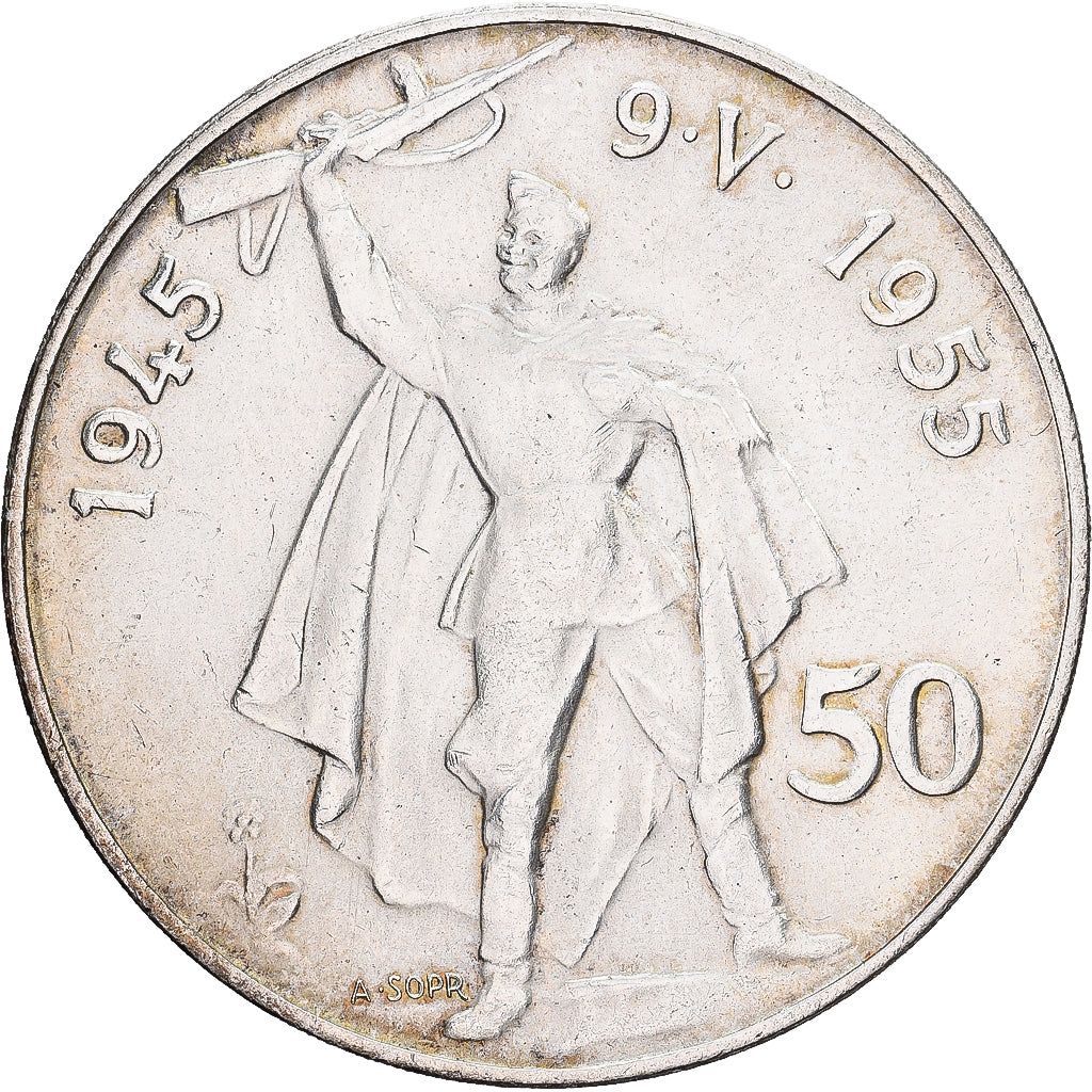 Czechosłowacja, 50 Korun, 1955, Srebro, AU(55-58), KM:44