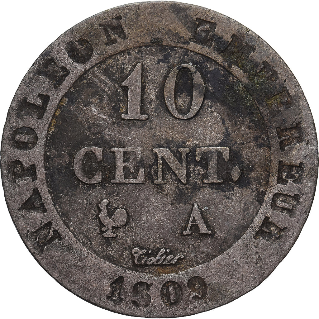 Francia, 10 Centimes, Napoléon I, 1809, Paris, Vellón, BC+, KM:676.1