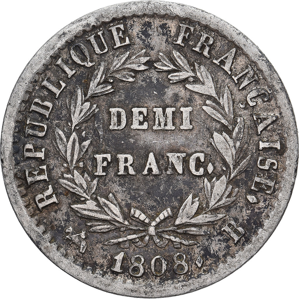 Francja, 1/2 Franc, Napoléon I, 1808, Rouen, Srebro, EF(40-45), KM:680.2