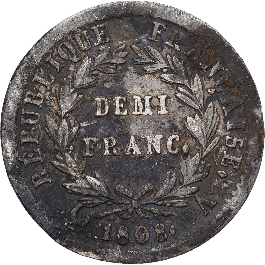 Frankrijk, 1/2 Franc, Napoléon I, 1808, Paris, Zilver, ZF, KM:680.1