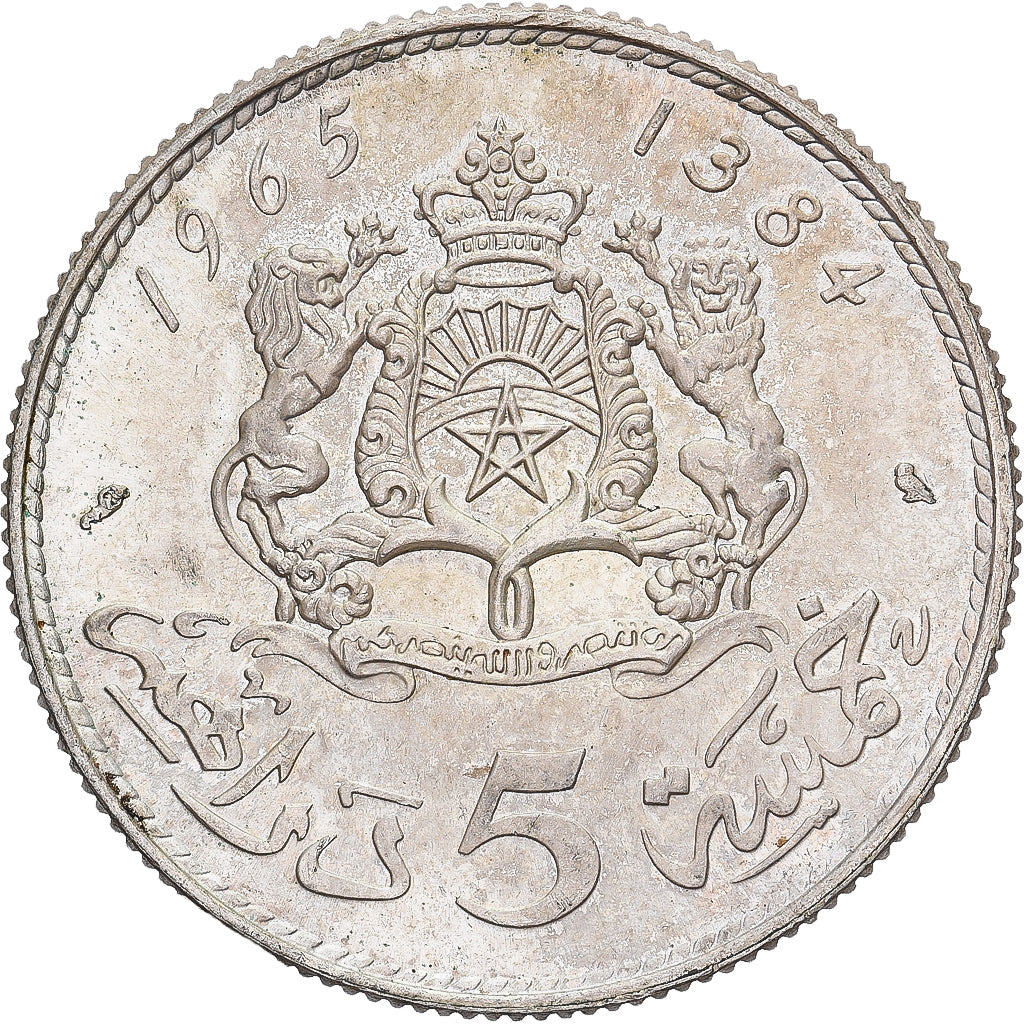Marokko, al-Hassan II, 5 Dirhams, 1965/AH1384, Paris, Silber, VZ, KM:57
