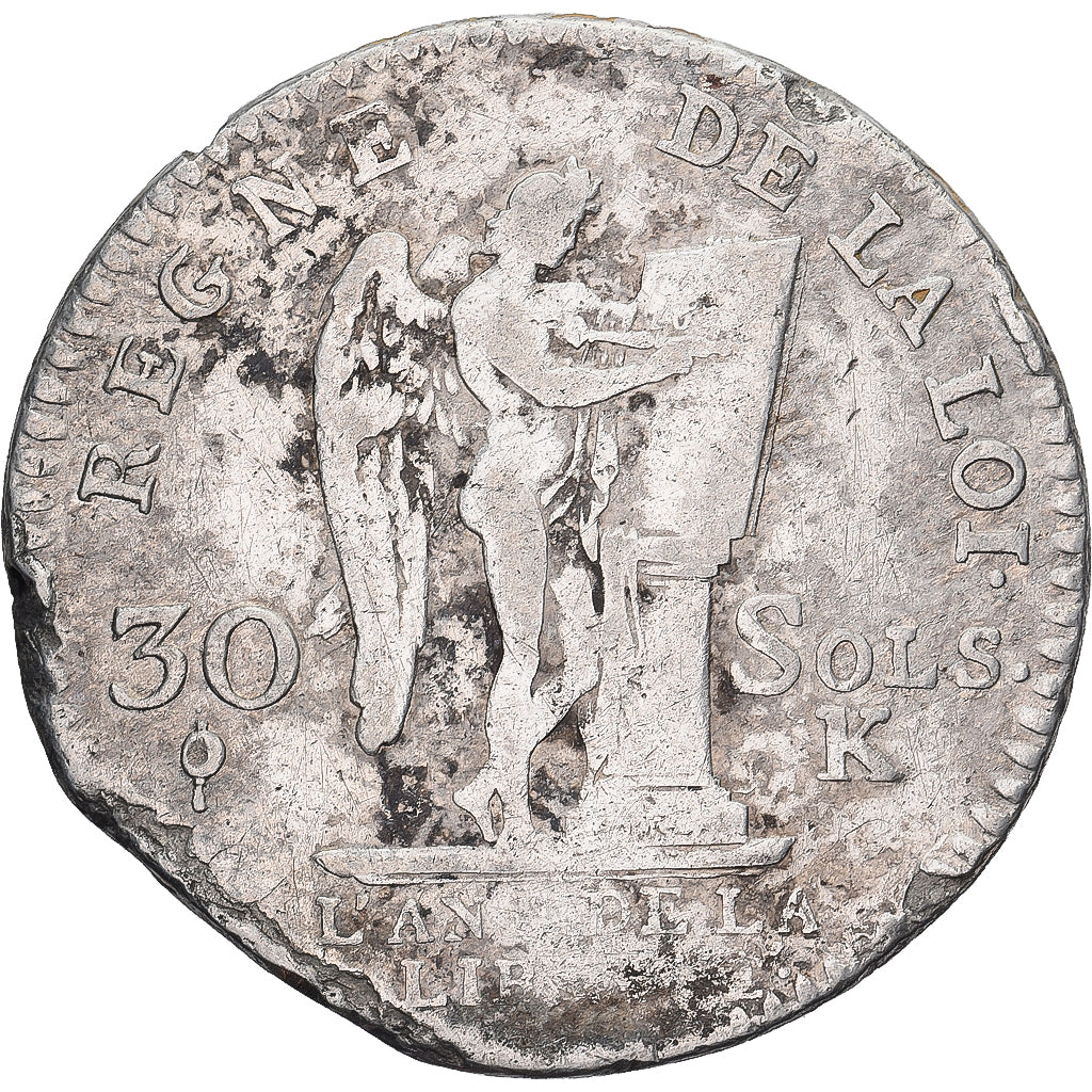 Francja, 30 Sols, 30 sols françois, 1792, Bordeaux, Srebro, VF(20-25), KM:606.8